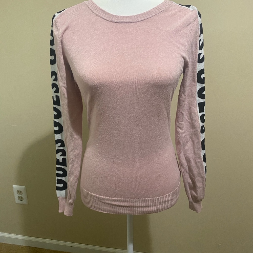 GUESS Pink Logo-Stripe Long Sleeve Sweater